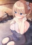  1girl artist_name blonde_hair blue_eyes blush bow breasts closed_mouth commentary_request covering_privates fence hair_bow hand_up medium_breasts nekokobushi nose_blush nude_cover onsen original partially_submerged side_ponytail sitting solo stone_floor towel water white_bow wooden_fence 