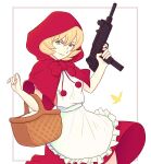  1girl apron basket blonde_hair bulleta capelet commentary cowboy_shot frilled_apron frills green_eyes gun hands_up highres holding holding_gun holding_weapon hood hooded_capelet red_capelet red_skirt short_hair skirt solo standing submachine_gun truejekart vampire_(game) weapon white_apron white_background 