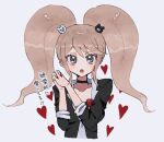  1girl :o black_choker black_shirt blonde_hair bow choker collarbone cropped_torso danganronpa:_trigger_happy_havoc danganronpa_(series) enoshima_junko grey_eyes grey_necktie heart interlocked_fingers long_sleeves lower_teeth_only mikomi_(90m5x) nail_polish necktie own_hands_together red_bow red_nails shirt solo teeth tongue translation_request twintails white_background 