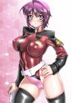  1girl adapted_costume ahoge belt blue_eyes blush breasts cameltoe contrapposto covered_navel covered_nipples gundam gundam_seed gundam_seed_destiny large_breasts leotard lunamaria_hawke military military_uniform pink_hair red_hair sakura_ryuuken short_hair solo thighhighs uniform 