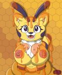  absurd_res annaengine antennae_(anatomy) anthro areola arthropod bee big_breasts black_stripes breasts cat-bee_(poppy_playtime) chest_tuft covered_breasts covered_face digital_drawing_(artwork) digital_media_(artwork) eyelashes fangs felid feline female food fur fur_tuft hi_res honey_(food) honey_pot hybrid hymenopteran inner_ear_fluff insect living_toy looking_at_viewer mammal markings navel nipples nude open_mouth patterned_fur pink_nipples poppy_playtime signature simple_background smile solo striped_body striped_fur striped_markings striped_tail stripes stuck tail tail_markings teeth tongue tuft upper_body yellow_body yellow_fur 