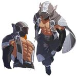  1boy abs avatar_(pso2) bara bare_pectorals black_cloak black_footwear black_gloves black_pants cloak cyborg elbow_gloves gloves hakidashi_11 hood hood_up hooded_cloak male_focus masked muscular muscular_male pants pectorals phantasy_star phantasy_star_online_2 robot_ears solo white_background 