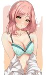  1girl :o absurdres blush bra breasts character_request cleavage clothes_pull collarbone copyright_request green_bra head_tilt highres looking_at_viewer medium_breasts medium_hair murabito_c navel shirt_pull solo underwear upper_body 