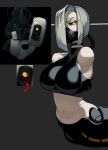  1girl arrow_(symbol) black_choker black_sclera breasts cable choker colored_sclera commentary covered_mouth crop_top english_commentary glados glowing glowing_eye grey_hair hair_over_one_eye half-closed_eye halterneck highres krekkov large_breasts looking_at_viewer mask missing_limb mole mole_under_eye mouth_mask navel no_pupils pale_skin personification portal_(series) portal_2 short_hair solo torso yellow_eyes 