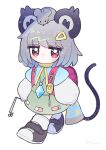  1girl animal_ears backpack bag chibi dotaku_(wran8845) dowsing_rod dress full_body grey_dress grey_hair highres holding jewelry long_sleeves mouse_ears mouse_tail nazrin pendant pink_eyes puffy_long_sleeves puffy_sleeves randoseru short_hair solo tail touhou walking 