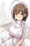  1girl ahoge blurry blurry_background blush breasts brown_hair closed_mouth curtains dress hat idolmaster idolmaster_shiny_colors kuwayama_chiyuki large_breasts long_hair looking_at_viewer nannacy7 nurse nurse_cap on_bed short_sleeves sitting smile socks white_dress white_socks yokozuwari 