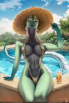 2023 alcohol anthro asian_mythology bedroom_eyes beverage big_breasts blue_eyes breasts bulge chinese_mythology clothing cloudscape cocktail detailed_background digital_media_(artwork) east_asian_mythology fur green_body gynomorph hair hat headgear headwear hi_res horn intersex kirin long_neck looking_at_viewer mythology narrowed_eyes nature navel nyria_deitea open_mouth pistachiohorror pool scales scalie seductive sky solo straw_hat swimwear tail teeth topwear water white_hair 