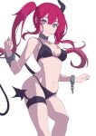  1girl absurdres baobhan_sith_(fate) bare_shoulders bikini black_bikini breasts chain cleavage collar collarbone cuffs demon_tail fate/grand_order fate_(series) grey_eyes highres horns jilu long_hair looking_at_viewer medium_breasts metal_collar navel pink_hair shackles sidelocks single_horn smile solo swimsuit tail thighs twintails white_background 
