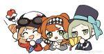  3girls apple_(reverse:1999) blush brown_hair checkered_hairband chibi closed_eyes eyewear_on_head green_eyes grey_eyes grey_hair hair_bun hat highres long_hair looking_at_viewer medium_hair multiple_girls open_mouth orange_hair party_popper regulus_(reverse:1999) reverse:1999 smile sonetto_(reverse:1999) sunglasses top_hat two_side_up vertin_(reverse:1999) very_long_hair wutiao 