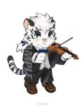  1boy animal_ears arknights bandaid bandaid_on_face bandaid_on_nose black_pants black_suit blue_bow blue_bowtie bow bowtie brown_footwear chibi chinese_commentary commentary_request furry furry_male highres holding holding_bow_(music) holding_instrument holding_violin instrument looking_at_viewer male_focus mountain_(arknights) pants ponytail shibata_akira shirt suit tail thick_eyebrows tiger_boy tiger_ears tiger_stripes tiger_tail vest violin white_shirt white_vest 