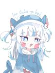  1girl animal_costume animal_ear_fluff animal_ears blue_eyes blue_hair blue_headwear blue_hoodie blunt_bangs blush_stickers bright_pupils cat_ears chibi english_text fins fish_tail gawr_gura gawr_gura_(1st_costume) grey_hair hair_ornament highres hololive hololive_english hood hood_down hoodie koyoinacho long_hair long_sleeves looking_at_viewer multicolored_hair open_mouth shark_costume shark_girl shark_hair_ornament shark_tail sidelocks simple_background smile solo streaked_hair tail two_side_up upper_body variant_set virtual_youtuber white_background white_pupils 