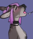  ambiguous_fluids anthro areola blush breasts facial_piercing female hair hair_bun horn lundi nipples nose_piercing nose_ring open_mouth piercing pink_hair purple_background ring_piercing simple_background solo tongue unknown_species 
