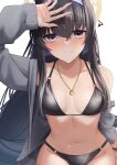  1girl arm_up bikini black_bikini black_hair blue_archive blush breasts collarbone fuurin_restia grey_jacket hairband halo highres jacket jewelry long_hair long_sleeves looking_at_viewer navel necklace off_shoulder open_clothes open_jacket parted_lips purple_eyes purple_hairband simple_background single_bare_shoulder sleeves_past_wrists small_breasts solo squiggle swimsuit ui_(blue_archive) upper_body very_long_hair white_background 