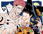  2boys arm_tattoo black_hair black_nails candy chest_tattoo dog english_commentary extra_eyes facial_tattoo fingernails food fushiguro_megumi ghost_costume green_eyes halloween halloween_bucket halloween_costume hand_on_another&#039;s_face hat holding jack-o&#039;-lantern jujutsu_kaisen lollipop looking_at_viewer male_focus moon multiple_boys mummy_costume muscular muscular_male nail_polish pink_hair pumpkin red_eyes ryoumen_sukuna_(jujutsu_kaisen) short_hair shoulder_tattoo spiked_hair tattoo teeth witch_hat yaoi zhhy3324 