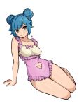  1girl arm_support bangs bare_arms bare_shoulders blue_hair blush bow breasts brown_eyes closed_mouth clothing_cutout collarbone commentary commission double_bun english_commentary frilled_one-piece_swimsuit frills full_body hair_bun heart_cutout highres looking_at_viewer medium_breasts navel navel_cutout one-piece_swimsuit oninuer original pink_bow pink_one-piece_swimsuit short_hair simple_background smile solo swimsuit white_background 