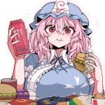  1girl :i blue_headwear blue_kimono blush breasts burger can churro closed_mouth doritos food formicid french_fries hair_between_eyes hat holding holding_can holding_food huge_breasts japanese_clothes kimono looking_at_viewer mcdonald&#039;s mob_cap monster_energy pink_hair red_eyes saigyouji_yuyuko short_hair simple_background sleeve_garter solo touhou triangular_headpiece upper_body white_background 