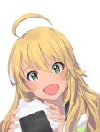  1girl ahoge bare_shoulders blonde_hair blush breasts dot_nose food green_eyes hands_up heart heart_in_eye holding holding_food hoshii_miki idolmaster idolmaster_(classic) idolmaster_million_live! idolmaster_million_live!_theater_days long_hair looking_at_viewer medium_breasts mistrail off-shoulder_shirt off_shoulder onigiri open_mouth portrait shirt simple_background smile solo striped striped_shirt symbol_in_eye white_background 