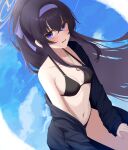  1girl absurdres bags_under_eyes bikini black_bikini black_hair black_jacket blue_archive blue_hairband blue_sky blush breasts hairband halo highres jacket long_hair looking_at_viewer navel official_alternate_costume open_clothes open_jacket open_mouth outdoors purple_eyes purple_hairband sky small_breasts solo swimsuit ui_(blue_archive) ui_(swimsuit)_(blue_archive) user_hmrr2738 yellow_halo 