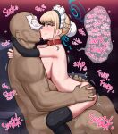  1boy 1girl absurdres animal_collar arms_around_neck arona&#039;s_sensei_doodle_(blue_archive) ass_grab black_gloves black_thighhighs blonde_hair blue_archive blue_eyes breast_press breasts collar dark-skinned_male dark_skin earpiece elbow_gloves facing_another french_kiss gloves grabbing_another&#039;s_ass groping halo highres holding kiss large_breasts lipstick_mark maid_headdress nude paper poper_(arin_sel) saliva sensei_(blue_archive) thighhighs toki_(blue_archive) 