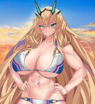  1girl abs bare_shoulders barghest_(fate) barghest_(swimsuit_archer)_(fate) biceps bikini blonde_hair blue_sky breasts cleavage cloud collarbone fate/grand_order fate_(series) gradient_sky green_eyes heterochromia highres horns huge_breasts long_hair looking_at_viewer mrnn multicolored_bikini multicolored_clothes muscular muscular_female orange_sky sky smile swimsuit twilight white_bikini 