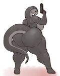  angstrom anthro big_breasts big_butt black_eyes breasts butt female gun holding_gun holding_object holding_weapon huge_butt lizard looking_at_viewer looking_back non-mammal_breasts ranged_weapon reptile scalie side_boob solo thick_thighs weapon wide_hips yellow_sclera 