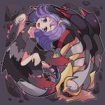  1girl :d acerola_(pokemon) black_footwear collarbone commentary_request dress flipped_hair giratina giratina_(origin) grey_dress grey_eyes hair_ornament hairclip highres looking_at_viewer medium_hair open_mouth pokemon pokemon_(creature) pokemon_(game) pokemon_sm purple_hair shoes short_sleeves smile stitches sutokame topknot torn_clothes torn_dress 