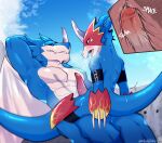  2023 abs anal anthro bandai_namco black_sclera blue_body bodily_fluids breath_cloud cowgirl_position digimon digimon_(species) duo exsys exveemon flamedramon from_front_position hi_res internal_anal male male/male mask on_bottom on_top onomatopoeia outdoor_sex raised_arm sex signature sound_effects straddling text 