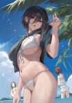  3girls absurdres bara_(03_bara_) bikini black_hair blue_eyes blue_sky breasts clothes_lift day hair_ornament highres large_breasts lifted_by_self looking_at_viewer multiple_girls navel ocean original outdoors shirt_lift sky solo_focus stomach swimsuit wading water wet white_bikini yokoyama_ishimi 