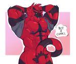  2023 abs anthro biceps black_stripes blue_nipples clothed clothing convenient_censorship dialogue fangs fur generation_7_pokemon grey_clothing grey_shirt grey_topwear hair hands_behind_head hi_res incineroar lumbearjack_(artist) male muscular muscular_anthro muscular_male muscular_thighs nintendo nipples nude obliques pecs pink_background pokemon pokemon_(species) raised_clothing raised_shirt raised_topwear red_body red_fur red_hair shirt simple_background solo speech_bubble striped_body striped_fur stripes tail_covering_crotch teeth topwear triceps yellow_sclera 