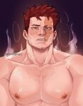  1boy bara beard boku_no_hero_academia breast_mousepad chest_hair endeavor_(boku_no_hero_academia) facial_hair highres large_pectorals leo_(frosted_knight) looking_at_viewer male_focus mature_male muscular muscular_male nude pectoral_focus pectorals scar scar_across_eye scar_on_face short_hair sideburns solo spiked_hair steam stubble thick_eyebrows upper_body 
