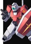  absurdres arm_shield assault_visor black_background commentary earth_federation gm_(mobile_suit) gun gundam highres holding holding_gun holding_weapon mecha mobile_suit mobile_suit_gundam no_humans robot science_fiction solo takahashi_masaki two-tone_background weapon white_background 