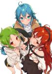  3girls ahoge bare_shoulders black_hairband blue_eyes blue_hair braid brown_capelet capelet crossed_bangs eris_greyrat from_above green_hair hair_between_eyes hairband hands_on_own_hips hat highres holding holding_clothes holding_hat jacket long_braid long_hair looking_at_viewer looking_up mokkori multiple_girls mushoku_tensei open_clothes open_jacket red_eyes red_hair roxy_migurdia shirt short_hair smile standing sylphiette_(mushoku_tensei) twin_braids white_background white_jacket white_shirt witch_hat 