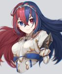  1girl alear_(female)_(fire_emblem) alear_(fire_emblem) blue_eyes blue_hair closed_mouth crossed_bangs eyelashes fire_emblem fire_emblem_engage hair_between_eyes heterochromia highres long_hair looking_at_viewer multicolored_hair red_eyes red_hair sakura_no_yoru smile solo tiara two-tone_hair upper_body white_background 