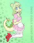  anthro breasts choker cleavage clothed clothing colored dinosaur dress english_text female footwear hair high_heels jewelry legwear necklace ornithischian plantigrade reptile scalie snoot_game solo spiked_tail spikes spikes_(anatomy) stegosaurian stegosaurus stella_(snoot_game) tail text thigh_highs thyreophoran unknown_artist 