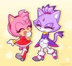  2girls amy_rose animal_ears blaze_the_cat cat_ears cat_girl cat_tail closed_eyes dress eyelashes forehead_jewel gloves gold_necklace hairband highres jacket jewelry multiple_girls necklace pants pink_footwear pink_fur ponytail pukopop purple_fur purple_jacket red_dress red_footwear red_hairband smile sonic_(series) tail white_gloves white_pants 