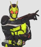  1boy arm_up armor bbbb_fex belt driver_(kamen_rider) full_armor helmet kamen_rider kamen_rider_01_(series) kamen_rider_zero-one looking_at_viewer male_focus outstretched_arm outstretched_hand reaching reaching_towards_viewer red_eyes rider_belt solo tokusatsu white_background yellow_armor zero_one_driver 