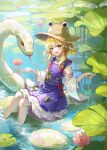  1girl animal animal_print blonde_hair brown_headwear flower frog frog_print gloves hair_ribbon hat highres holding kyusoukyu long_sleeves mishaguji moriya_suwako partially_submerged pink_flower pleated_skirt pond purple_skirt purple_vest red_ribbon ribbon shirt skirt smile snake solo touhou tress_ribbon vest wet wet_clothes white_gloves white_shirt white_snake wide_sleeves yellow_eyes yellow_headwear 