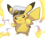  bright_pupils brown_eyes closed_mouth clothed_pokemon commentary_request electricity hedgehog_(plkatyu) highres no_humans pikachu pokemon pokemon_(creature) simple_background smile solo white_background white_headwear white_pupils 