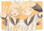  bass_clef blonde_hair bow closed_eyes detached_sleeves fang hair_bow hair_ornament hairclip headset highres kagamine_len kagamine_rin light_blush necktie open_mouth original-orange-610917 sailor_collar shorts treble_clef v vocaloid white_bow 