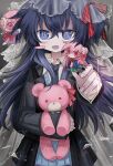  2girls absurdres blue_eyes blue_hair bow dark_blue_hair happy_sugar_life highres koube_shio long_hair matsuzaka_satou meyou_0319 multiple_girls open_mouth pink_hair red_bow red_eyes school_uniform smile stuffed_animal stuffed_toy teddy_bear 