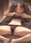  1girl bare_arms bare_legs bare_shoulders barefoot bikini black_bikini black_hair brown_eyes collarbone highres indoors kantai_collection long_hair navel nisshin_(kancolle) open_mouth pillow sidelocks solo swimsuit toka_(marchlizard) 