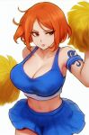  1girl bare_shoulders blue_skirt breasts cheerleader cleavage hand_up highres large_breasts looking_at_viewer midriff miniskirt nami_(one_piece) one_piece orange_hair pom_pom_(cheerleading) short_hair skirt solo stomach tattoo vivian_opart 