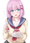  1girl :d blue_eyes blue_sailor_collar blush breasts cake cardigan cleavage collarbone feeding food fruit hair_between_eyes hair_ornament hairclip hand_up head_tilt highres holding holding_plate holding_spoon kibihimi large_breasts long_sleeves looking_to_the_side medium_hair neckerchief open_mouth original pink_hair plate red_neckerchief sailor_collar school_uniform serafuku sideways_glance simple_background smile solo spoon straight-on strawberry strawberry_shortcake tongue upper_body white_background x_hair_ornament yellow_cardigan 