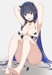  armpits arms_up ass_visible_through_thighs barefoot bikini blue_eyes blue_hair breasts collar collarbone cow_girl cow_tail feet holocouncil hololive hololive_english knees_up large_breasts long_hair ouro_kronii swimsuit tail thick_thighs thighs white_bikini zeropen 