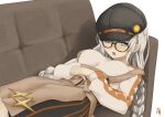  1girl a.i._voice black_headwear blue_eyes blush braid breasts breasts_apart brown_skirt cabbie_hat commentary couch drooling glasses grey_hair hands_on_stomach hat high-waist_skirt highres kizuna_akari kizuna_akari_(a.i._voice) large_breasts long_hair long_skirt long_sleeves looking_at_viewer low_twin_braids lying on_back on_couch one_eye_closed signature simple_background skirt sleeping solo suspender_skirt suspenders suspenders_slip sweater twin_braids underbust voiceroid white_background white_sweater yukkuri_bitto 