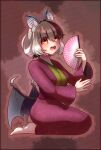  1girl animal_ears barefoot bat_ears bat_girl bat_wings brown_hair brown_long-eared_bat_(kemono_friends) extra_ears grey_hair highres hikarikmy japanese_clothes kemono_friends kemono_friends_v_project kimono long_hair looking_at_viewer open_mouth parody red_background red_eyes simple_background solo taketori_monogatari virtual_youtuber wings 