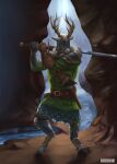 anthro antlers armor buckovskiart clothed clothing colored deer full-length_portrait fur gauntlets gloves gun handgun handwear headgear helmet hi_res holding_object holding_sword holding_weapon horn male mammal melee_weapon outside pauldron pistol portrait ranged_weapon river solo standing sword waterfall weapon white_body white_fur 