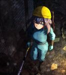  1girl absurdres black_footwear blue_eyes blue_hair blue_jumpsuit breasts ddolbang dirty hard_hat helmet highres hololive hololive_english jumpsuit large_breasts ouro_kronii solo virtual_youtuber 