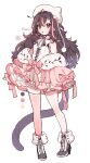  1girl absurdres artist_name asymmetrical_legwear bare_shoulders black_footwear black_hair blush cat_tail hat highres jikuno long_hair official_art open_mouth original pink_thighhighs red_eyes simple_background solo tail thighhighs uneven_legwear white_background white_headwear 
