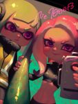  2girls :&gt; agent_3_(splatoon) agent_8_(splatoon) anniversary artist_name bellhenge black_headphones black_jacket black_shirt black_shorts black_skirt closed_mouth collared_jacket commentary cropped_jacket english_commentary eyelashes green_hair high-visibility_vest holding holding_phone indoors inkling inkling_girl jacket light_blush long_hair long_sleeves medium_hair multiple_girls navel octoling octoling_girl phone pink_eyes pink_hair selfie shirt shorts skirt smile smirk splatoon_(series) splatoon_2 splatoon_2:_octo_expansion stomach tentacle_hair turtleneck upper_body v-shaped_eyebrows vest yellow_vest zipper zipper_pull_tab 